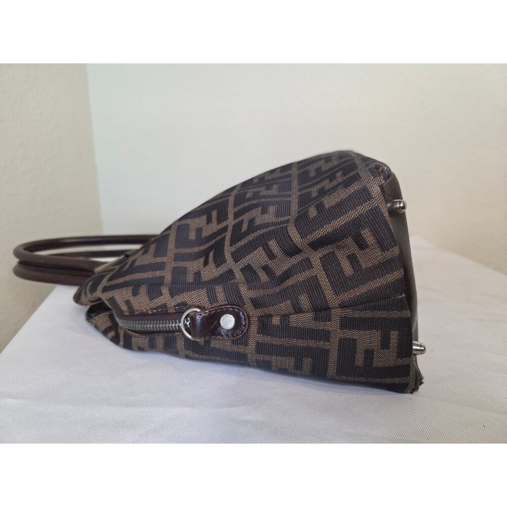 Fendi Zucca Canvas Brown Leather Trim Satchel Bag Silver Hardware Tote Vintage - Picture 7 of 16